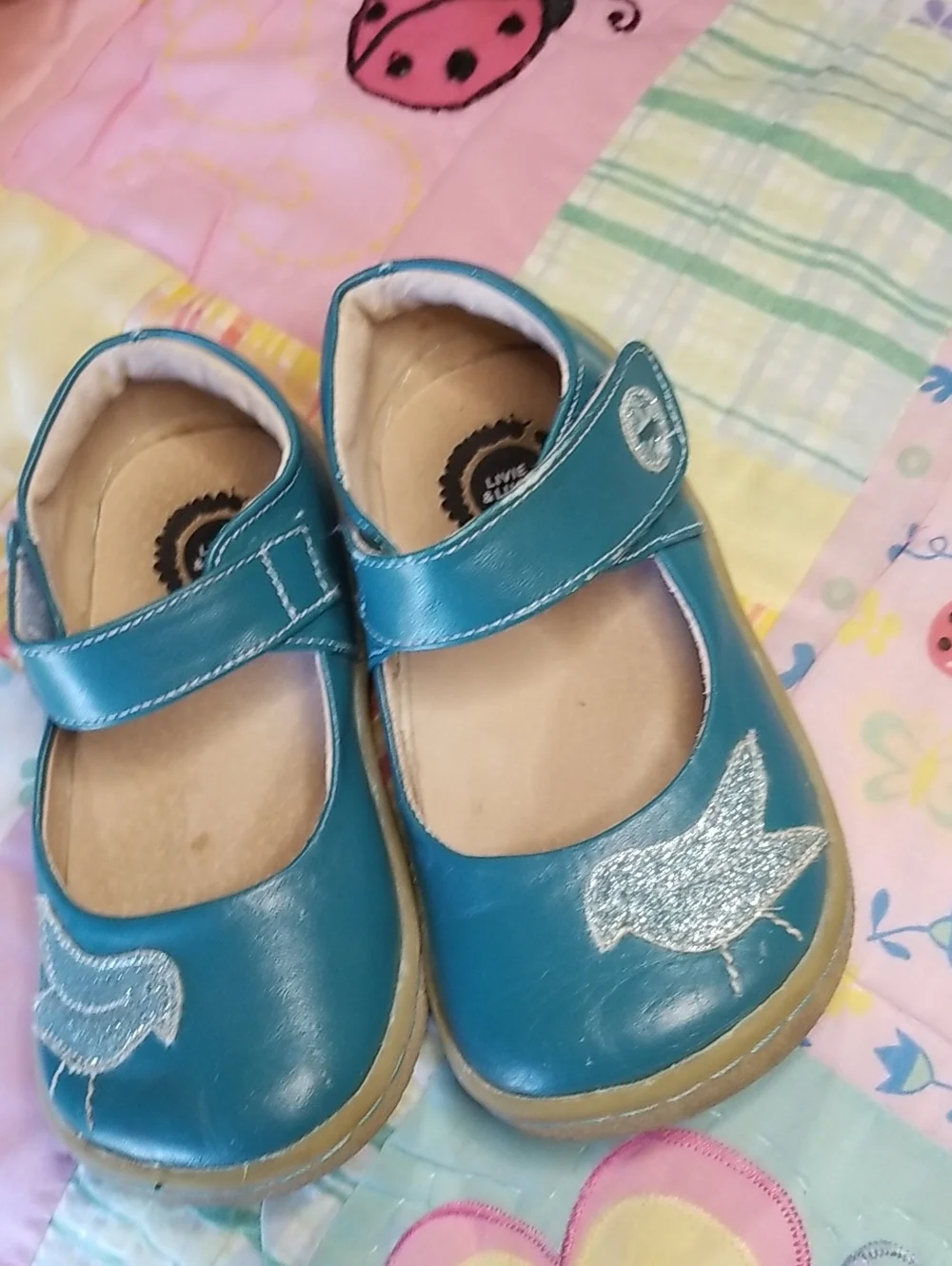 Livie & Luca Teal Soft  Leather Mary Jane Shoes with Glitter Bird Size 8 Pio Pio